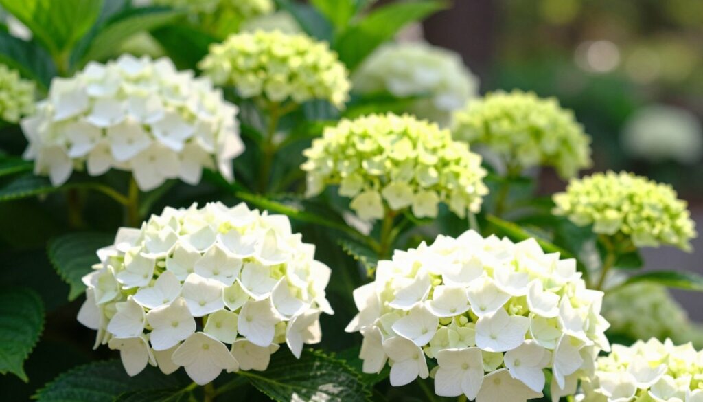 A beautiful arrangement of hydrangea flowers, showcasing the striking differences in color between the 'Polar Bear' and 'Limelight' varieties. In the foreground, large, round blossoms in pure white and soft green hues, with delicate petals catching the light. The middle ground features a gradient of colors, transitioning from creamy whites to vibrant lime greens, reflecting the changes during blooming. A blurred background of lush green leaves enhances the vividness of the flowers, while soft, natural sunlight filters through for a warm and inviting atmosphere. The composition is shot from a slightly low angle to emphasize the flowers’ grandeur, creating a serene and informative image that highlights the beauty of the hydrangeas in full bloom.