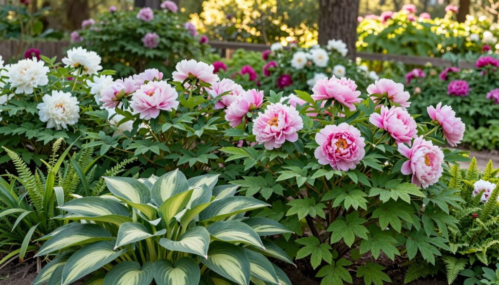 A beautiful garden scene featuring peonies in full bloom, surrounded by a variety of ornamental foliage plants that enhance the composition. In the foreground, lush green leaves with unique textures and patterns, such as hostas and ferns, provide depth and interest. The middle ground showcases vibrant peonies in shades of pink and white, contrasting with the rich greenery. In the background, soft sunlight filters through trees, creating a warm, inviting atmosphere. The image captures the essence of a well-designed garden, with a focus on the harmonious combination of leaves and flowers, celebrating the beauty of plant companions. The perspective is slightly elevated, offering a comprehensive view of the garden layout and the interplay of colors and shapes.