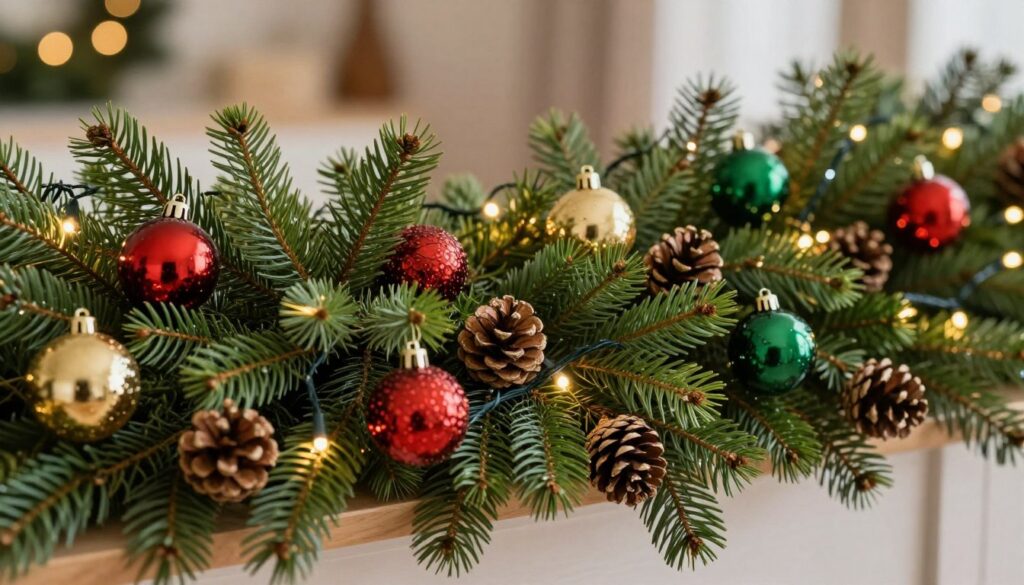 A beautifully arranged Christmas garland made of lush, vibrant green spruce, adorned with elegant decorations that enhance its natural beauty. In the foreground, delicate ornaments in festive colors—rich reds, golds, and deep greens—are carefully placed among pinecones and twinkling fairy lights, creating an inviting and warm atmosphere. The middle ground features the textured layers of the spruce needles, showcasing their freshness and vitality. In the background, soft bokeh effects suggest a cozy indoor setting, illuminated by gentle, diffused light that casts a warm glow across the scene. The overall mood is festive and joyful, capturing the essence of holiday spirit while emphasizing the beauty of sustainable décor that lasts. A beautifully arranged Christmas garland made of lush, vibrant green spruce, adorned with elegant decorations that enhance its natural beauty. In the foreground, delicate ornaments in festive colors—rich reds, golds, and deep greens—are carefully placed among pinecones and twinkling fairy lights, creating an inviting and warm atmosphere. The middle ground features the textured layers of the spruce needles, showcasing their freshness and vitality. In the background, soft bokeh effects suggest a cozy indoor setting, illuminated by gentle, diffused light that casts a warm glow across the scene. The overall mood is festive and joyful, capturing the essence of holiday spirit while emphasizing the beauty of sustainable décor that lasts.