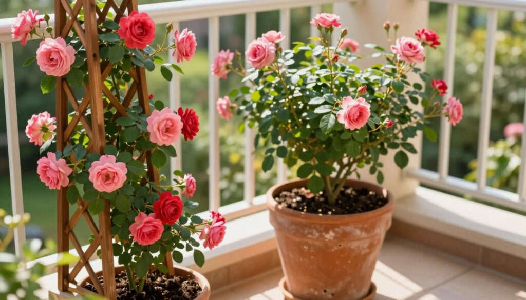 A beautifully arranged balcony garden featuring a climbing rose supported by a decorative trellis. In the foreground, the trellis is made of elegant wood with intricate designs, showcasing the vibrant pink and red blossoms of the climbing rose entwined around it. The middle ground displays a rustic, terracotta pot, emphasizing its size and drainage holes, filled with rich soil and lush green foliage. In the background, soft sunlight filters through, creating a warm and inviting atmosphere, highlighting the rose’s delicate petals. The angle captures the entire setup from a slightly elevated perspective, allowing viewers to appreciate the harmony of nature and design. The scene evokes a tranquil, garden-like vibe, perfect for showcasing plant support options. A beautifully arranged balcony garden featuring a climbing rose supported by a decorative trellis. In the foreground, the trellis is made of elegant wood with intricate designs, showcasing the vibrant pink and red blossoms of the climbing rose entwined around it. The middle ground displays a rustic, terracotta pot, emphasizing its size and drainage holes, filled with rich soil and lush green foliage. In the background, soft sunlight filters through, creating a warm and inviting atmosphere, highlighting the rose’s delicate petals. The angle captures the entire setup from a slightly elevated perspective, allowing viewers to appreciate the harmony of nature and design. The scene evokes a tranquil, garden-like vibe, perfect for showcasing plant support options.