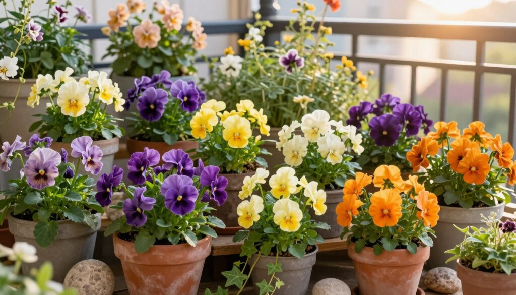 A beautifully arranged balcony garden showcasing various vibrant varieties of pansies (bratki), featuring deep purple, pastel yellow, and bright orange blooms. In the foreground, a cluster of large pots brimming with pansies, artistically combined with trailing ivy and decorative stones. The middle ground reveals additional pots with elegantly displayed pansy arrangements, interspersed with delicate greenery, creating a lush, colorful scene. In the background, a soft-focus view of a sunlit balcony railing adorned with blooming flowers, casting gentle shadows. The lighting is warm and inviting, capturing the early morning sun that enhances the colors of the flowers. The overall atmosphere is cheerful and serene, perfect for highlighting the beauty and diversity of pansy varieties that prolong flowering. A beautifully arranged balcony garden showcasing various vibrant varieties of pansies (bratki), featuring deep purple, pastel yellow, and bright orange blooms. In the foreground, a cluster of large pots brimming with pansies, artistically combined with trailing ivy and decorative stones. The middle ground reveals additional pots with elegantly displayed pansy arrangements, interspersed with delicate greenery, creating a lush, colorful scene. In the background, a soft-focus view of a sunlit balcony railing adorned with blooming flowers, casting gentle shadows. The lighting is warm and inviting, capturing the early morning sun that enhances the colors of the flowers. The overall atmosphere is cheerful and serene, perfect for highlighting the beauty and diversity of pansy varieties that prolong flowering.