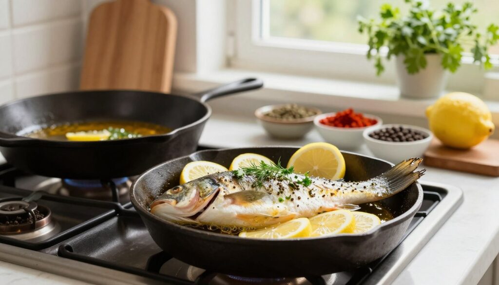 A beautifully arranged scene of a frying fish being prepared in a clean, rustic kitchen setting. In the foreground, a fresh, whole fish seasoned with a sprinkle of aromatic herbs such as dill and parsley, with slices of lemon placed artistically around it. A cast-iron skillet glistens on the stove, while golden oil bubbles gently. In the middle ground, an array of colorful spices, such as paprika and black pepper, are displayed in small bowls, hinting at flavor without being overwhelming. The background features a softly lit window with fresh herbs growing outside, casting a warm natural light across the scene. The mood is inviting and warm, evoking a sense of comfort and culinary delight. A beautifully arranged scene of a frying fish being prepared in a clean, rustic kitchen setting. In the foreground, a fresh, whole fish seasoned with a sprinkle of aromatic herbs such as dill and parsley, with slices of lemon placed artistically around it. A cast-iron skillet glistens on the stove, while golden oil bubbles gently. In the middle ground, an array of colorful spices, such as paprika and black pepper, are displayed in small bowls, hinting at flavor without being overwhelming. The background features a softly lit window with fresh herbs growing outside, casting a warm natural light across the scene. The mood is inviting and warm, evoking a sense of comfort and culinary delight.