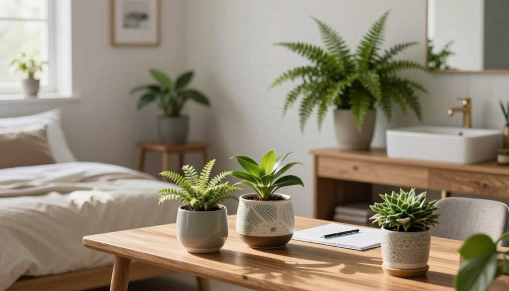 A beautifully designed bathroom, bedroom, and office space showcasing stylish potted plants that enhance the interior ambiance. In the foreground, elegant ceramic pots with modern patterns sit on a sleek wooden desk in the office, surrounded by delicate green foliage. The middle ground features a cozy bedroom with soft, neutral tones and a vibrant, leafy plant on a nightstand. In the background, the bathroom presents a serene atmosphere, with a lush green fern positioned next to a vintage sink and a soothing color palette. Soft, natural lighting filters through a window, casting gentle shadows and creating a tranquil mood. The scene captivates the eye with its harmonious blend of nature and modern decor, ideal for inspiring home styling ideas. A beautifully designed bathroom, bedroom, and office space showcasing stylish potted plants that enhance the interior ambiance. In the foreground, elegant ceramic pots with modern patterns sit on a sleek wooden desk in the office, surrounded by delicate green foliage. The middle ground features a cozy bedroom with soft, neutral tones and a vibrant, leafy plant on a nightstand. In the background, the bathroom presents a serene atmosphere, with a lush green fern positioned next to a vintage sink and a soothing color palette. Soft, natural lighting filters through a window, casting gentle shadows and creating a tranquil mood. The scene captivates the eye with its harmonious blend of nature and modern decor, ideal for inspiring home styling ideas.