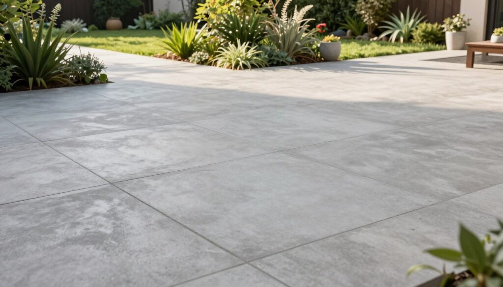A beautifully designed outdoor terrace featuring large concrete slabs, known as "płyta tarasowa," laid in a stylish geometric pattern. In the foreground, the smooth, polished surface of the slabs glistens under soft natural sunlight, showcasing their texture and subtle variations in color. The middle ground includes lush green plants and well-arranged decorative elements, adding a touch of nature and warmth. In the background, a gentle view of a manicured garden is highlighted, perhaps with distant trees or a well-defined pathway leading to the terrace. The composition captures a serene and modern outdoor living space, inviting and well-maintained, with a bright and uplifting atmosphere. The image is taken with a wide-angle lens to emphasize the spaciousness of the area, ensuring a professional and harmonious presentation of the terrace design.