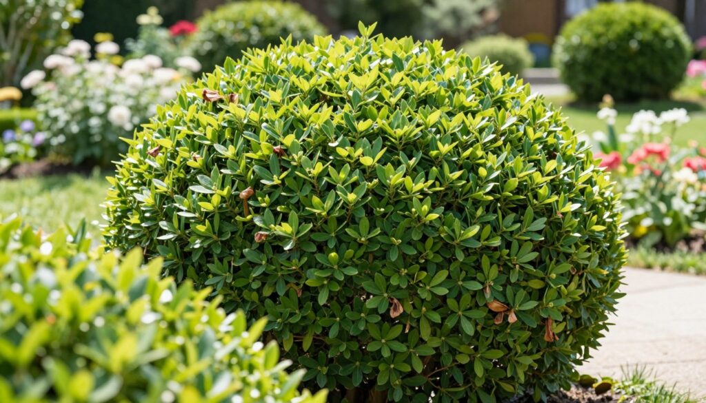 A beautifully manicured spherical hedge of "korona" plants, showcasing lush green foliage, trimmed to maintain a perfect round shape without any bald spots or scorched leaves. In the foreground, a close-up view of the expertly pruned branches reveals healthy, vibrant leaves with intricate details of their veins. The middle ground features a well-kept garden setting, with natural sunlight filtering through, casting soft shadows on the ground. The background contains soft-focus blooming flowers and other shrubs, enhancing the overall inviting atmosphere. The image is captured with a wide-angle lens, emphasizing the depth of the garden, while maintaining a bright and fresh mood, suggesting a well-planned approach to gardening techniques. A beautifully manicured spherical hedge of "korona" plants, showcasing lush green foliage, trimmed to maintain a perfect round shape without any bald spots or scorched leaves. In the foreground, a close-up view of the expertly pruned branches reveals healthy, vibrant leaves with intricate details of their veins. The middle ground features a well-kept garden setting, with natural sunlight filtering through, casting soft shadows on the ground. The background contains soft-focus blooming flowers and other shrubs, enhancing the overall inviting atmosphere. The image is captured with a wide-angle lens, emphasizing the depth of the garden, while maintaining a bright and fresh mood, suggesting a well-planned approach to gardening techniques.