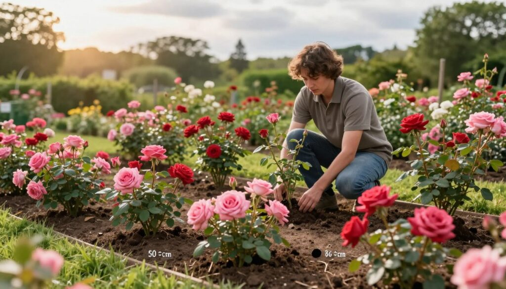 A beautifully organized garden scene showcasing a well-maintained flower bed of hybrid tea roses, illustrating the optimal planting distances. In the foreground, vibrant pink and red roses bloom in clusters, each plant spaced at visible intervals of 30 cm apart. The middle ground features an expert gardener in modest casual clothing, kneeling as they carefully plant new rose bushes, demonstrating proper planting technique. The background is a lush, green landscape with soft sunlight filtering through light clouds, creating a warm glow that highlights the flowers. The overall mood is serene and focused on horticultural practice, inviting the viewer into the world of gardening and rose cultivation.