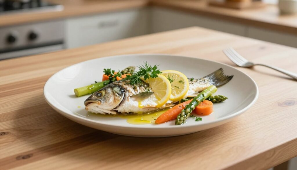 A beautifully plated dish of steamed fish placed elegantly on a light, wooden table. The fish, garnished with fresh herbs like dill and parsley, is accented with slices of lemon and a drizzle of olive oil. Surrounding the fish are delicate side dishes featuring lightly sautéed seasonal vegetables, such as asparagus and carrots, presented in a minimalist, artistic style. The background features a soft-focus kitchen setting with warm, natural lighting that highlights the freshness of the ingredients, casting gentle shadows to create a cozy atmosphere. The camera angle is slightly elevated, capturing the dish from above to emphasize the vibrant colors and textures. This image should evoke a sense of lightness and simplicity, perfect for showcasing a delicate culinary approach. A beautifully plated dish of steamed fish placed elegantly on a light, wooden table. The fish, garnished with fresh herbs like dill and parsley, is accented with slices of lemon and a drizzle of olive oil. Surrounding the fish are delicate side dishes featuring lightly sautéed seasonal vegetables, such as asparagus and carrots, presented in a minimalist, artistic style. The background features a soft-focus kitchen setting with warm, natural lighting that highlights the freshness of the ingredients, casting gentle shadows to create a cozy atmosphere. The camera angle is slightly elevated, capturing the dish from above to emphasize the vibrant colors and textures. This image should evoke a sense of lightness and simplicity, perfect for showcasing a delicate culinary approach.
