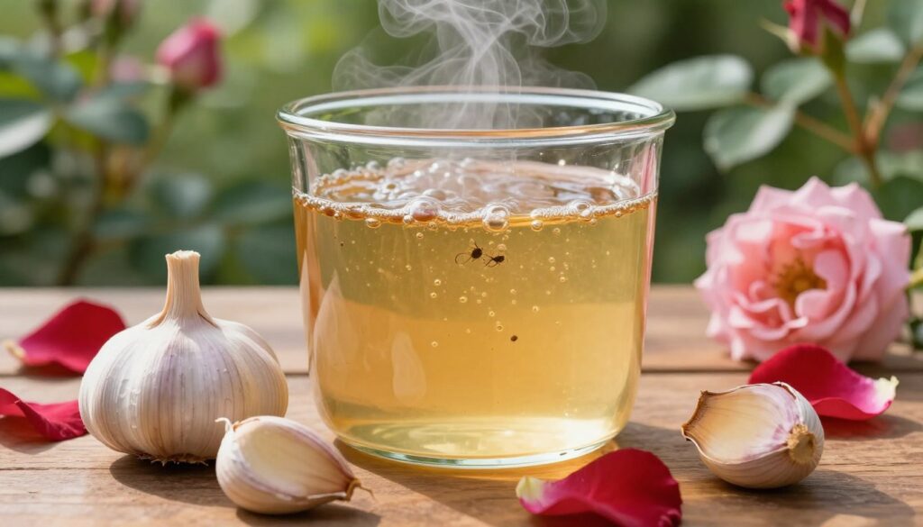 A clear glass container filled with a rich, golden garlic solution, bubbles gently rising to the surface. The foreground features fresh garlic cloves, some sliced, emphasizing their texture and natural color. In the middle, the container rests on a wooden table adorned with a few rose petals, showcasing their vibrant red and soft pink hues that hint at their connection to the aphid issue. In the background, a softly blurred garden scene depicts lush rose bushes, signifying an organic approach to pest control. The lighting is warm and natural, filtered through soft morning sunlight, creating a serene and inviting atmosphere. The overall mood conveys a sense of effective home remedies for keeping roses healthy and free from aphids, capturing the essence of nature's solutions.