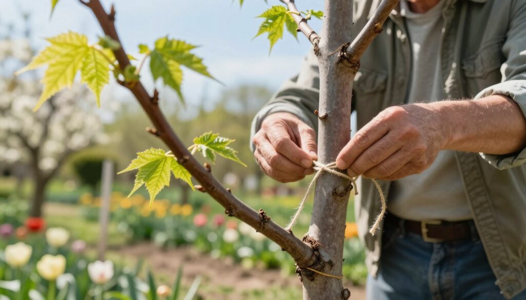 A close-up of a freshly grafted sycamore tree branch on a sturdy trunk, showcasing the technique of grafting. In the foreground, delicate green leaves emerge, indicating the vibrancy of spring, with soft sunlight filtering through them. The middle ground features a gardener gently tying the grafting union with twine, wearing modest casual clothing, focused on the task at hand. The background presents a serene, lush garden with blooming flowers and a bright blue sky, evoking an atmosphere of growth and renewal. Natural light casts gentle shadows, enhancing the textures of the bark and leaves. The overall mood is tranquil and optimistic, representing the best conditions for tree grafting in spring.