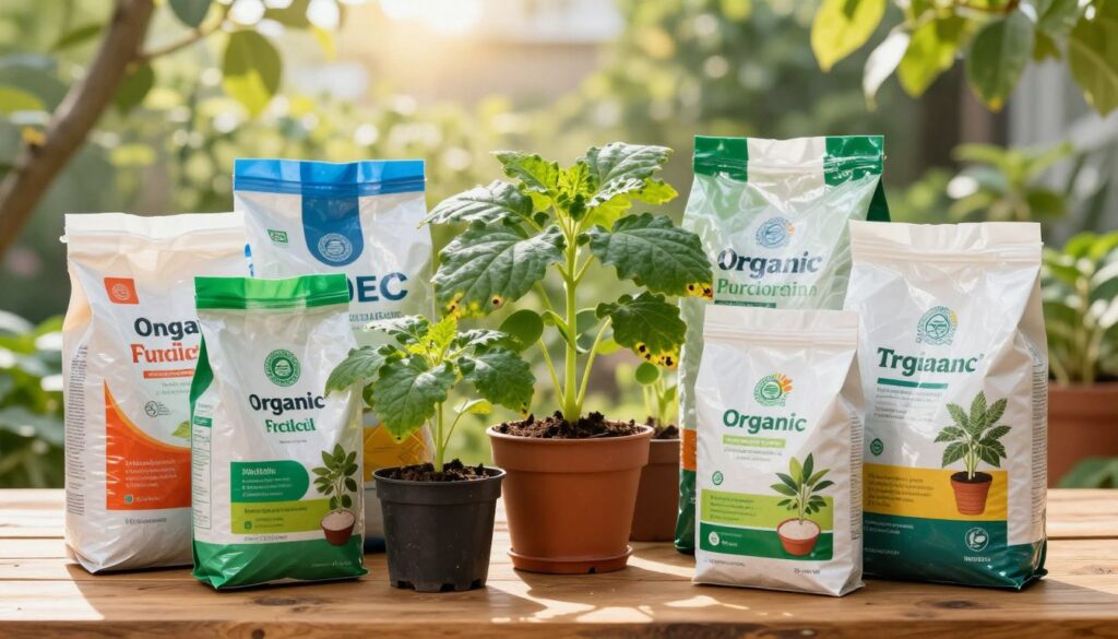 A close-up of a variety of high-quality fertilizers suitable for plant care, displayed on a wooden table in a well-lit garden setting. In the foreground, there are bags labeled with different types of organic and synthetic fertilizers, showcasing vibrant colors and clear packaging designs. The middle ground features small pots with lush green clone plants, with healthy, rich leaves that appear vivid and free from burns. The background presents a soft-focus garden with sunlight filtering through leafy branches, creating a warm and inviting atmosphere. The lighting emphasizes the texture of the fertilizers and the vibrancy of the plant leaves, capturing an informative and professional mood.