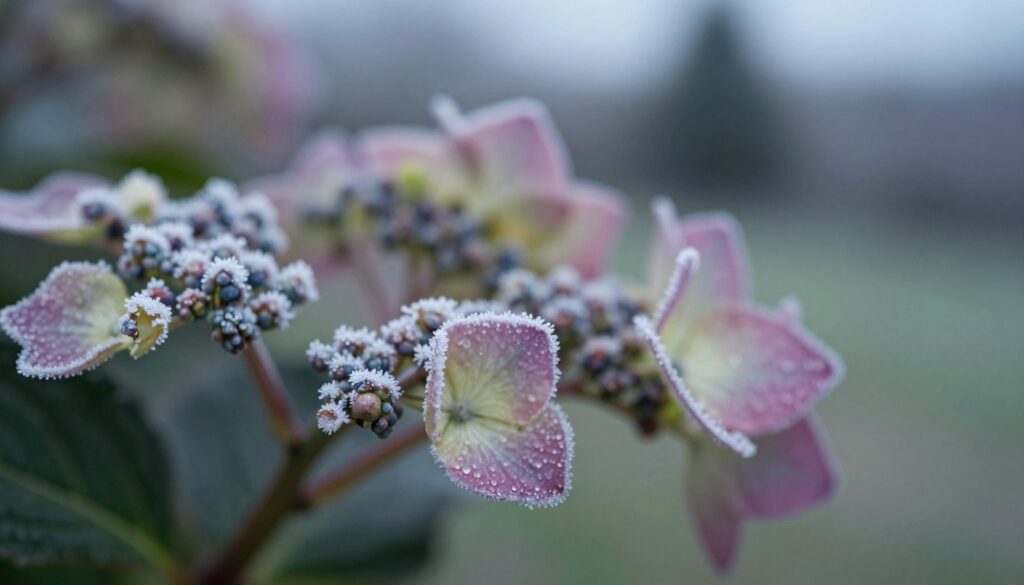 A close-up of delicate flower buds, specifically hydrangea buds, showing signs of frost damage. The foreground features the intricate details of the frosted buds, glistening with tiny ice crystals, highlighting their vulnerability. In the middle ground, partially opened petals hint at the vibrancy that is yet to come, with a soft focus effect to enhance their beauty. The background should blur into a soft, cool-toned garden scene, evoking a chilly early spring morning. The lighting is soft and diffused, simulating an overcast sky, creating a melancholic mood that reflects the fragility of nature against frost. The composition captures the essence of anticipation for growth and the harsh reality of frost affecting blooming flora.
