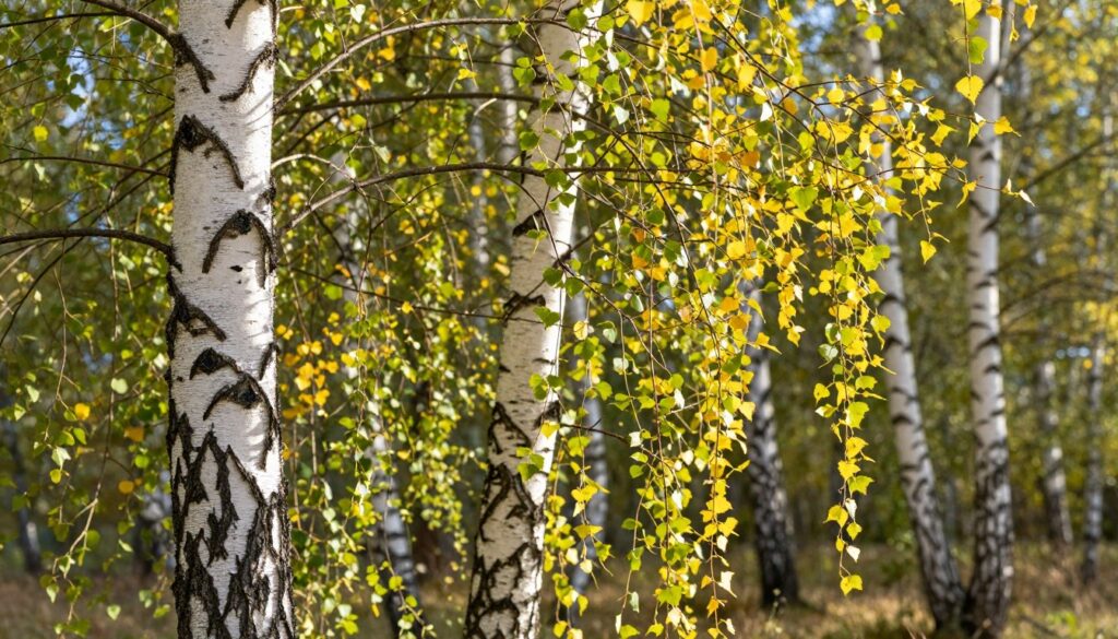 A close-up view of a Betula pendula, commonly known as the silver birch, showcasing its distinctive features. In the foreground, capture the white, peeling bark and black diamond-shaped markings, illustrating the unique texture of the trunk. The middle ground displays delicate green leaves, shimmering in the sunlight, with some transitioning to golden-yellow autumn hues. In the background, a soft focus of a forest scene, hinting at other birch species to emphasize comparison. The image is bathed in natural sunlight, creating a warm and inviting atmosphere. Use a slightly angled perspective to highlight the slender shape of the tree and its graceful branches swaying in a gentle breeze, evoking a sense of serenity and natural beauty.
