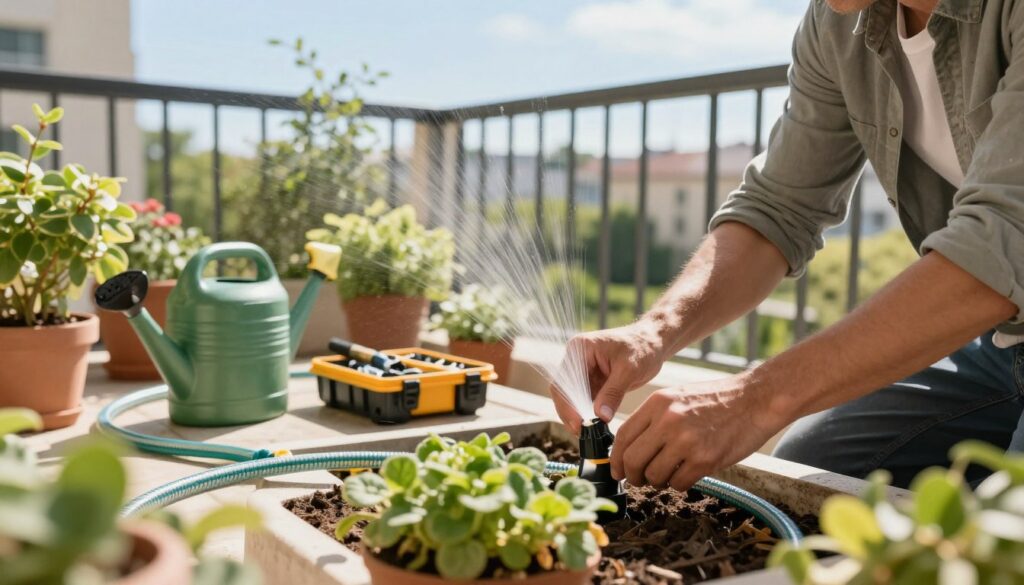 A close-up view of a balcony garden during the installation process of an irrigation system. In the foreground, a professional in modest casual clothing works meticulously, adjusting small drip irrigation tubes around vibrant potted plants. In the middle ground, various gardening tools, such as a watering can and toolset, are neatly arranged, with some flexible hoses being connected. The background features a sunny urban setting with a clear blue sky and green foliage, enhancing the lively atmosphere. Soft, natural lighting illuminates the scene, creating a warm and inviting mood. The angle is slightly elevated, capturing both the balcony space and the detailed work being done, emphasizing the ease and practicality of setting up an automated watering system. A close-up view of a balcony garden during the installation process of an irrigation system. In the foreground, a professional in modest casual clothing works meticulously, adjusting small drip irrigation tubes around vibrant potted plants. In the middle ground, various gardening tools, such as a watering can and toolset, are neatly arranged, with some flexible hoses being connected. The background features a sunny urban setting with a clear blue sky and green foliage, enhancing the lively atmosphere. Soft, natural lighting illuminates the scene, creating a warm and inviting mood. The angle is slightly elevated, capturing both the balcony space and the detailed work being done, emphasizing the ease and practicality of setting up an automated watering system.
