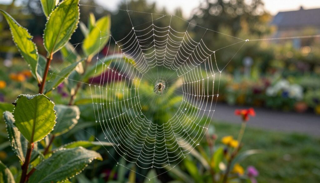A close-up view of a delicate spider web intricately woven among vibrant green leaves. In the foreground, droplets of morning dew glisten on the silken threads, reflecting soft sunlight. The middle layer reveals the web's radial symmetry, showcasing its intricate patterns and the delicate craftsmanship of the spider. In the background, a blurred garden scene unfolds with hints of colorful flowers and foliage, creating a serene atmosphere. The lighting is warm and natural, casting gentle shadows that enhance the web's detail. The mood is tranquil and captivating, inviting viewers to appreciate the elegance and functionality of spider webs in managing insect populations. A close-up view of a delicate spider web intricately woven among vibrant green leaves. In the foreground, droplets of morning dew glisten on the silken threads, reflecting soft sunlight. The middle layer reveals the web's radial symmetry, showcasing its intricate patterns and the delicate craftsmanship of the spider. In the background, a blurred garden scene unfolds with hints of colorful flowers and foliage, creating a serene atmosphere. The lighting is warm and natural, casting gentle shadows that enhance the web's detail. The mood is tranquil and captivating, inviting viewers to appreciate the elegance and functionality of spider webs in managing insect populations.