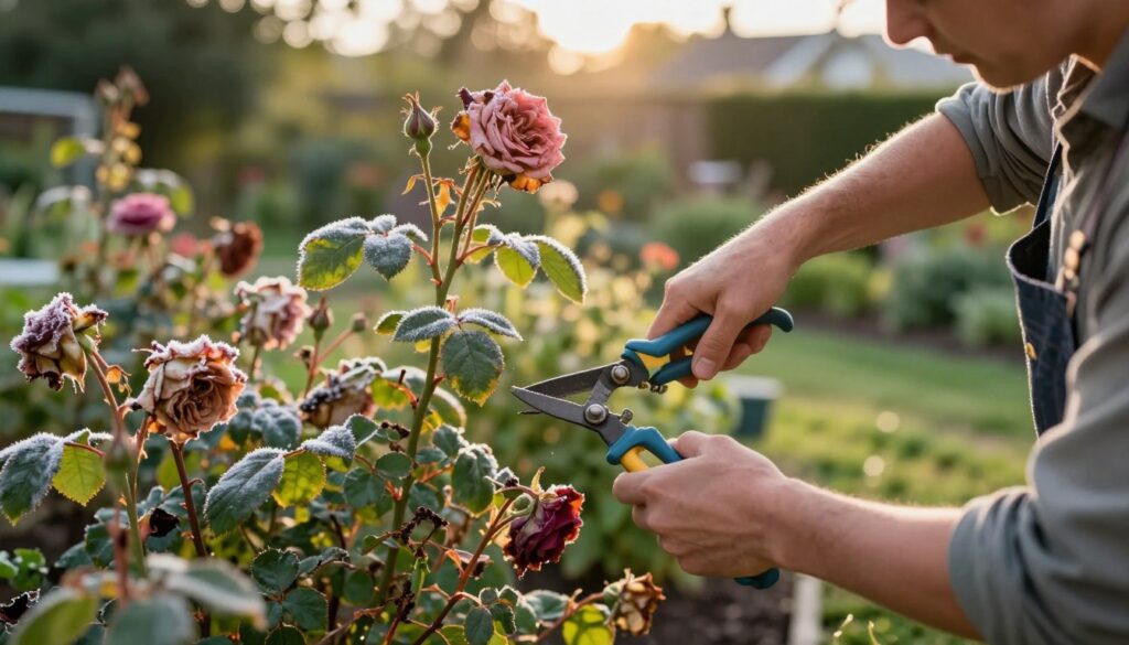 A close-up view of a gardener skillfully pruning a frost-damaged rose bush. The foreground features the gardener, dressed in modest casual clothing, using sharp pruning shears to trim the stems of wilted roses. The middle ground shows the vibrant, yet slightly frostbitten rose bush, with green leaves and hints of the surviving blossoms. In the background, a softly blurred garden scene reveals a mix of other plants and a gentle sunlight filtering through, creating a warm atmosphere. The lighting is natural, with a golden hour glow that highlights the details of the flowers and gardener's focused expression. The overall mood is hopeful and nurturing, emphasizing the care involved in reviving the plant.