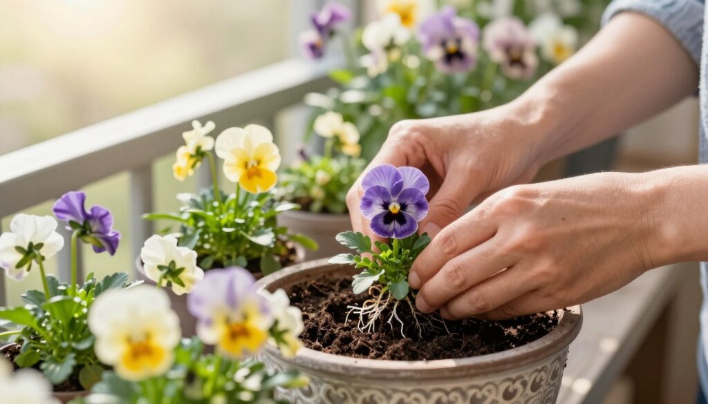 A close-up view of a gardener's hands gently planting vibrant pansies in a decorative pot on a bright, sunny day. The pot is filled with rich, dark soil and fresh green leaves, showing the delicate roots of the flowers. In the foreground, an array of colorful pansies in shades of purple, yellow, and white are beautifully arranged. In the middle ground, a small balcony setting with soft morning light illuminating the scene. The background features a blurred view of other flowering plants, creating a serene gardening atmosphere. The mood is tranquil and focused, reflecting the step-by-step process of planting these cheerful flowers with care and attention. A close-up view of a gardener's hands gently planting vibrant pansies in a decorative pot on a bright, sunny day. The pot is filled with rich, dark soil and fresh green leaves, showing the delicate roots of the flowers. In the foreground, an array of colorful pansies in shades of purple, yellow, and white are beautifully arranged. In the middle ground, a small balcony setting with soft morning light illuminating the scene. The background features a blurred view of other flowering plants, creating a serene gardening atmosphere. The mood is tranquil and focused, reflecting the step-by-step process of planting these cheerful flowers with care and attention.