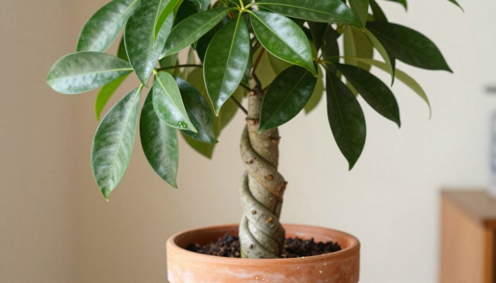 A close-up view of a healthy Pachira aquatica, commonly known as the money tree, showcasing its striking braided trunk and lush green foliage. The foreground features the smooth, glossy leaves glistening under soft, natural daylight. In the middle ground, highlight the unique, intertwined trunk that is both sturdy and visually appealing, surrounded by a simple, terracotta pot to emphasize home décor. The background should be softly blurred, hinting at a cozy indoor setting with warm colors, such as light beige walls and gentle shadows. The atmosphere is calm and inviting, ideal for a personal space. Use soft, diffused lighting to create an uplifting mood and highlight the plant's beauty.