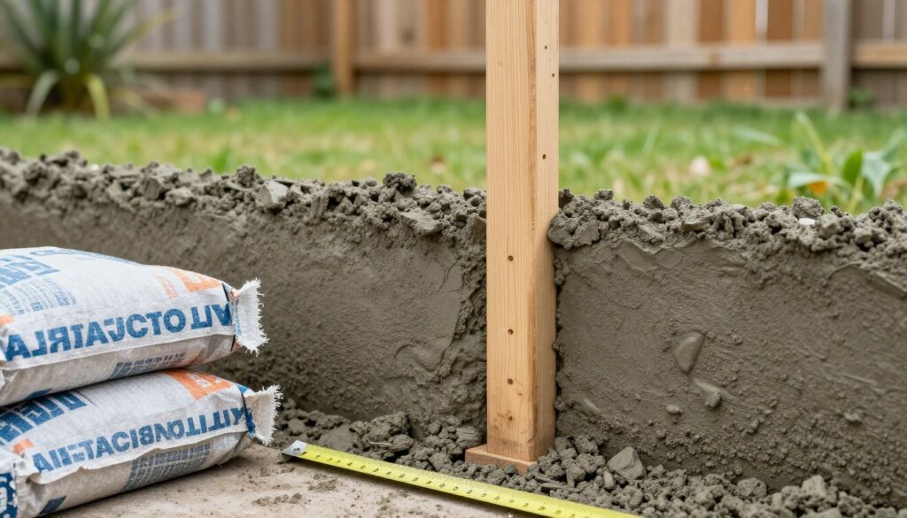 A close-up view of a neatly prepared garden fence post, partially set in freshly mixed cement. In the foreground, the pole is surrounded by a small pile of cement bags and a measuring tool to indicate proportions. The middle ground features the solidifying cement around the base of the post, showcasing texture and consistency. The background includes a simple garden setting with green grass and a blurred wooden fence for context. Soft, natural lighting illuminates the scene, enhancing the earthy tones of the cement and the fence post. The atmosphere is practical and informative, emphasizing stability and outdoor DIY projects.