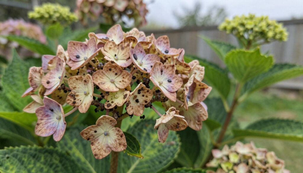 A close-up view of a wilted hydrangea plant showing signs of disease and pest infestation. In the foreground, the hydrangea's drooping blossoms are visibly brown and wilted, with small black spots indicating fungal infection. The middle ground features tiny insects, like aphids and spider mites, crawling on the leaves and stems, showcasing their destructive effects. The background depicts a soft-focus garden scene with other plants in varying health, emphasizing the contrast between thriving and struggling flora. The lighting is soft and diffused, resembling a calm, overcast day, creating a somber yet educational atmosphere. The image captures the intricate details of the hydrangea's deterioration, inviting viewers to explore the causes of its lack of blooming.