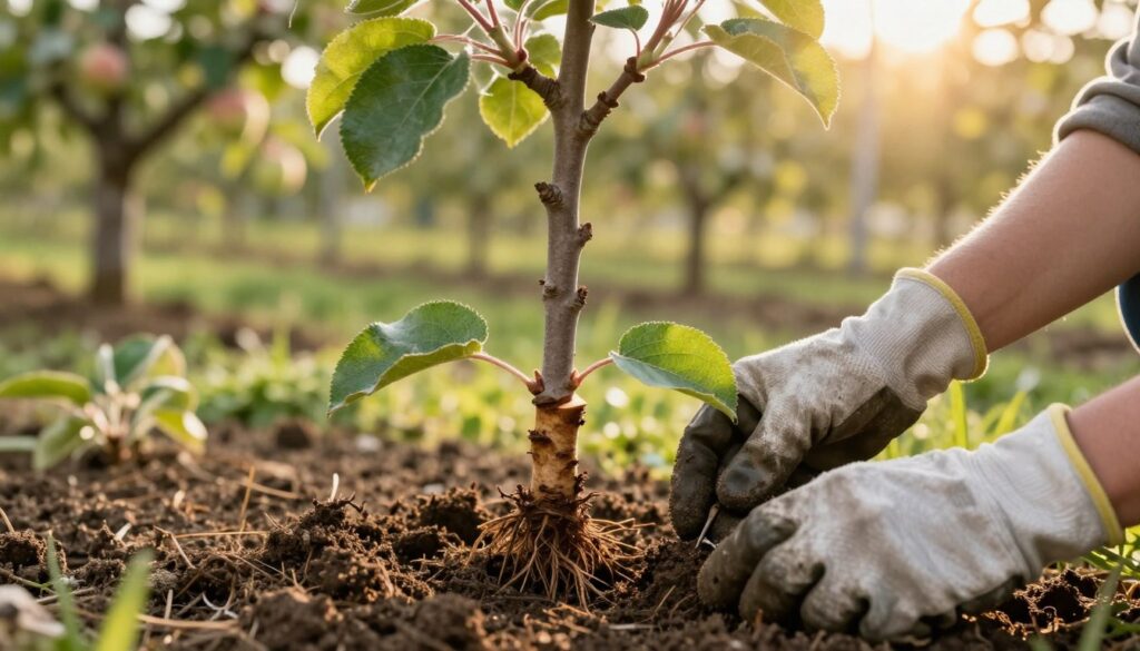 A close-up view of a young apple tree grafting process, showcasing the crucial elements: a healthy rootstock (podkładka) in rich, dark soil on the foreground, and a freshly cut scion (zraz) with vibrant green leaves positioned next to it. The middle ground features a pair of gloved hands skillfully preparing the graft, illustrating the precision of the technique. The background includes a softly blurred orchard with hints of other apple trees bathed in warm, golden sunlight, creating a harmonious and serene atmosphere. The lighting is gentle, with a slight sunflare, emphasizing the natural beauty of horticulture and the importance of proper grafting methods. A natural color palette enhances the organic feel of the scene, inviting viewers to appreciate the artistry involved in apple tree propagation.