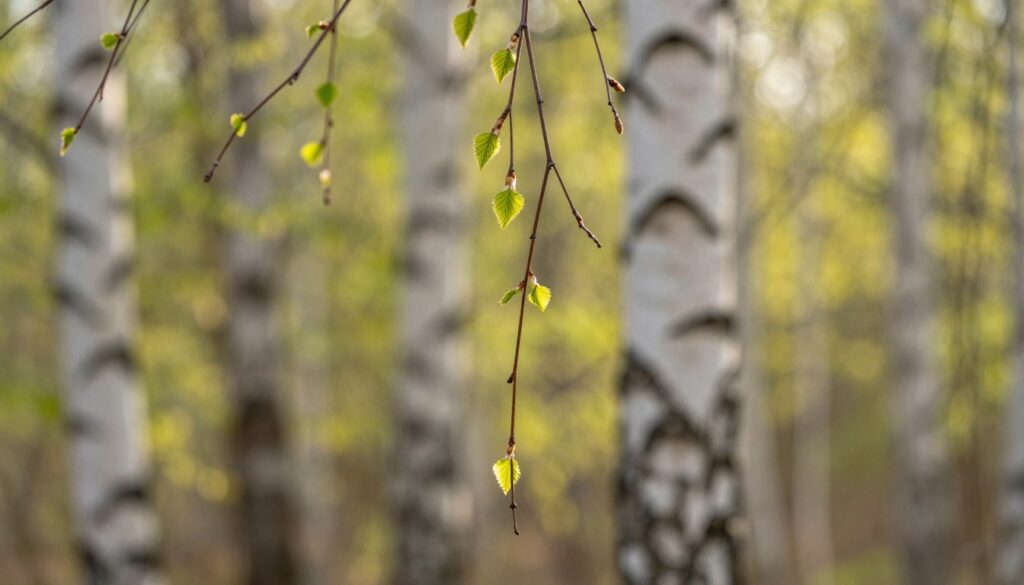 A close-up view of birch branches (gałęzie brzozy) in early spring, showcasing their delicate, slender form and light green buds. The foreground features a few branches with faintly glowing sap, hinting at the tree's vitality. In the middle ground, cluster of branches with small, fresh leaves and textured bark, reflecting the natural beauty and intricacy of birch. The background is softly blurred, with a gentle bokeh effect showing a hint of a lush forest scene bathed in warm sunlight, creating a serene atmosphere. The image is shot with a macro lens at a shallow depth of field, emphasizing the branches while evoking a sense of calm and renewal in nature. A close-up view of birch branches (gałęzie brzozy) in early spring, showcasing their delicate, slender form and light green buds. The foreground features a few branches with faintly glowing sap, hinting at the tree's vitality. In the middle ground, cluster of branches with small, fresh leaves and textured bark, reflecting the natural beauty and intricacy of birch. The background is softly blurred, with a gentle bokeh effect showing a hint of a lush forest scene bathed in warm sunlight, creating a serene atmosphere. The image is shot with a macro lens at a shallow depth of field, emphasizing the branches while evoking a sense of calm and renewal in nature.