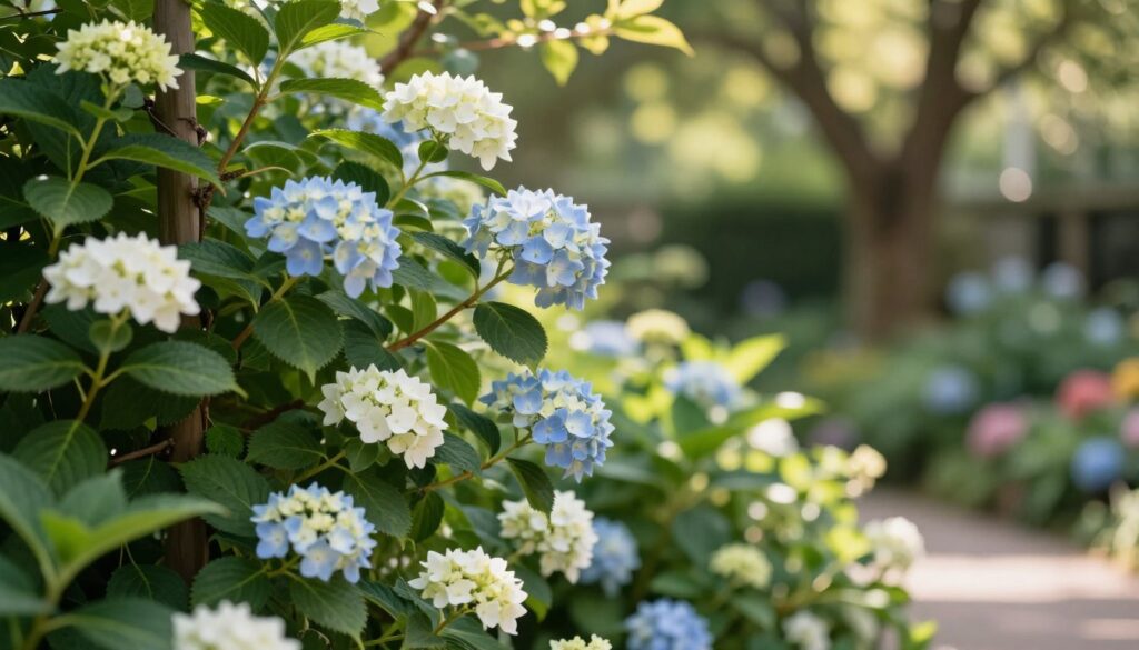 A close-up view of climbing hydrangeas, also known as "hortensja pnąca," elegantly cascading over a trellis in a lush garden setting. The foreground features rich green foliage with clusters of white and light blue flowers displaying delicate petals, exuding a sense of tranquility. In the middle ground, a soft dappled sunlight filters through the leaves, creating a warm, inviting atmosphere. The background showcases a gentle blur of other garden elements, including shadowy trees and a hint of colorful flowers, enhancing the overall serenity of the scene. Capture this idyllic garden environment with a shallow depth of field using a soft focus lens, creating an ethereal quality that highlights the beauty and adaptability of climbing hydrangeas in varying light conditions.