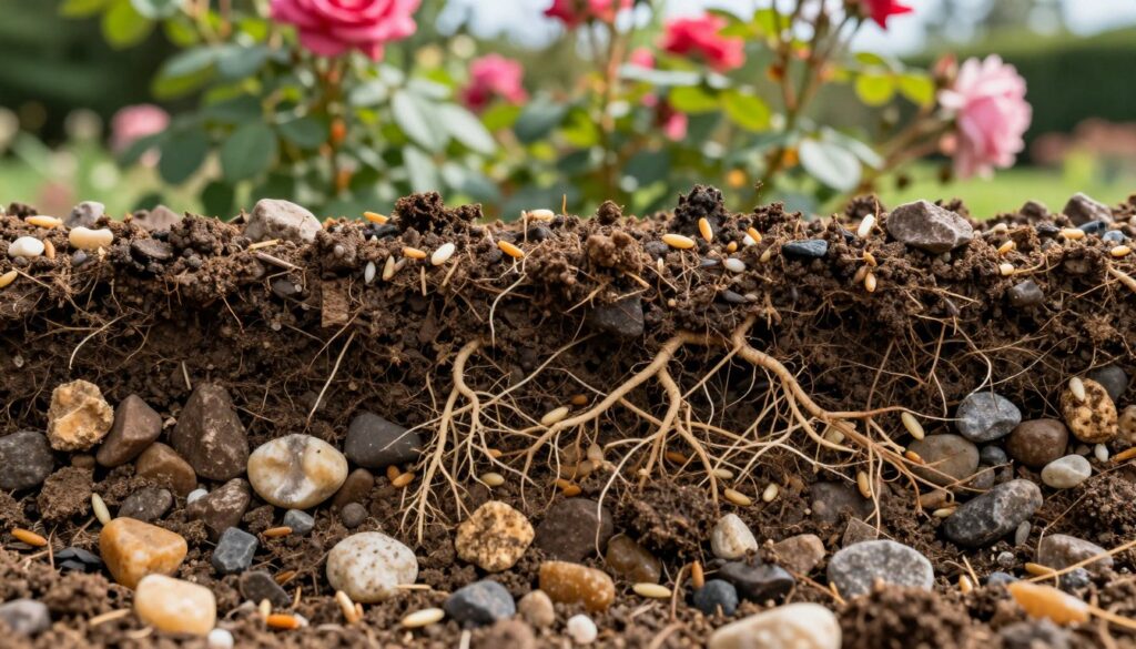 A close-up view of healthy soil with a focus on its composition, highlighting different layers and elements such as rocks, organic matter, and root systems. The foreground features small pebbles and earthy textures, showing varied colors from dark brown to light tan. In the middle, delicate plant roots intertwine with grains of soil, indicating nutrient absorption. The background fades into a blurred garden scene with rose bushes in vibrant bloom, softly illuminated by natural sunlight filtering through leaves. The mood is serene and natural, evoking a sense of growth and nurturing. Capture this scene with a macro lens perspective, enhancing texture and detail while maintaining a vivid and warm color palette.