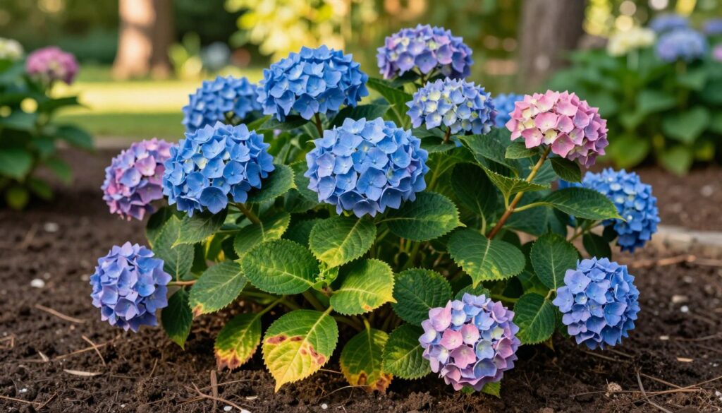 A close-up view of lush, vibrant hydrangea flowers in various shades of blue and pink, illustrating the impact of acidic soil pH on their health and vibrancy. In the foreground, detailed leaves show signs of thriving versus leaf burn from sun exposure, showcasing the contrast in conditions. The middle ground features the hydrangeas growing among rich, dark brown soil, symbolizing the acidic environment. Behind them, a softly blurred garden backdrop, bathed in warm afternoon sunlight filtering through trees, adds depth. Capture this scene with a shallow depth of field and natural lighting to enhance the colors and textures, creating a serene and inviting atmosphere that emphasizes the importance of soil pH in horticulture.