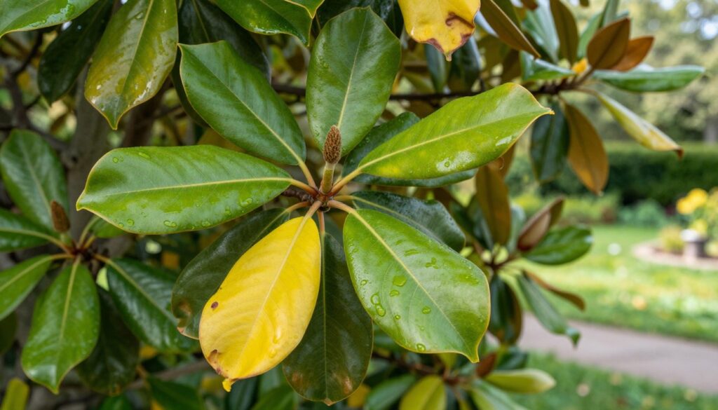 A close-up view of magnolia leaves showcasing various shades of green, displaying healthy and vibrant foliage alongside some yellowing or wilted leaves to indicate nutrient deficiency. In the foreground, focus on the texture and vein details of the leaves, with droplets of water to reflect freshness. The middle ground should include a few buds, hinting at the upcoming blooms, while the background features a soft-focus garden setting with gentle sunlight filtering through, creating a serene and tranquil atmosphere. The lighting should highlight the glossy surface of the leaves, casting subtle shadows and enhancing the depth of field. The composition should evoke a sense of nature's beauty, emphasizing the importance of proper care for magnolias.