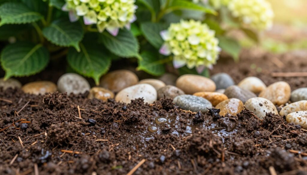 A close-up view of moist soil enriched with small stones, illustrating the concept of soil moisture impact on hydrangeas. In the foreground, showcase rich, dark-brown soil with visible water droplets glistening on the surface, highlighting its dampness. In the middle ground, place various sizes of light-colored stones scattered throughout, suggesting their role in maintaining moisture. In the background, depict lush green hydrangea plants flourishing, hinting at their health and vitality in such conditions. The lighting should be soft and natural, with warm sunlight filtering through leaves, creating a serene and nurturing atmosphere. Use a shallow depth of field to focus on the soil and stones, enhancing the tranquil scene while conveying the importance of moisture in soil health.