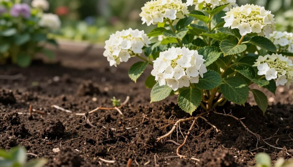 A close-up view of rich, dark soil ideal for growing white hydrangeas, focusing on the texture and composition. In the foreground, showcase a handful of soil with visible organic matter, tiny earthworms, and healthy roots mixed in. In the middle, display a vibrant white hydrangea plant flourishing, its leaves lush and green, contrasting with the soil's dark tones. In the background, softly blurred garden elements, such as other plants and flowers, creating a tranquil garden atmosphere. The lighting is warm, suggesting a sunny day, casting gentle shadows that enhance the soil's texture. The overall mood is serene and nurturing, emphasizing the importance of optimal soil conditions for hydrangeas.