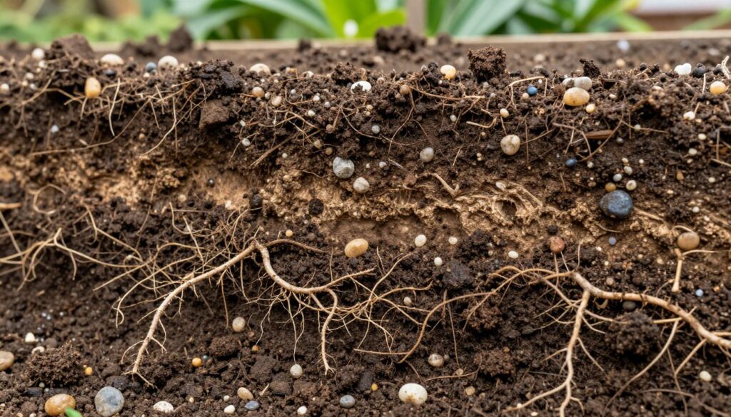 A close-up view of rich, dark soil rich in organic matter, with a focus on its texture and structure, showcasing small pebbles and fibrous roots intertwined. In the foreground, delicate magnolia roots extend into the soil, symbolizing the connection between the plant and its environment. The middle ground features a variety of soil layers, highlighting the differences in color and composition with a gentle gradient, while some soil is moist, reflecting recent watering. In the background, blurred green foliage hints at a garden scene, exuding a tranquil, nurturing atmosphere. Soft, natural lighting enhances the earthy tones of the soil. The angle is slightly above eye-level to provide a comprehensive view, ensuring the focus remains on the soil’s health and vitality. The overall mood is calm and inviting, ideal for a gardening context.