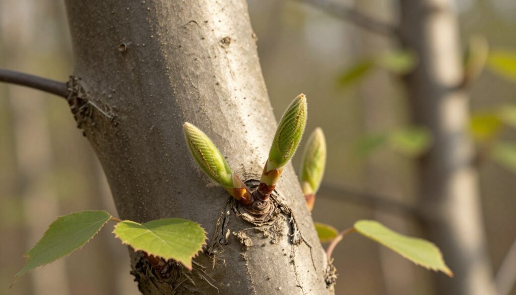 A close-up view of the smooth, gray-brown bark of a beech tree (Fagus sylvatica), showcasing its distinctive, thin, and mottled texture. The focus is on the bark, with tender, green beech buds emerging prominently, displaying their elongated shape and subtle fur around the edges. In the foreground, a few scattered leaves highlight the beech's characteristic serrated edge, with a backdrop of a softly blurred forest setting, bathed in warm sunlight. The lighting should create a gentle glow, enhancing the organic details of the bark and buds while casting soft shadows. The mood is serene and natural, inviting viewers to appreciate the intricacies of the beech tree throughout the seasons. Ideal angle: slightly tilted from above for a more dynamic perspective. A close-up view of the smooth, gray-brown bark of a beech tree (Fagus sylvatica), showcasing its distinctive, thin, and mottled texture. The focus is on the bark, with tender, green beech buds emerging prominently, displaying their elongated shape and subtle fur around the edges. In the foreground, a few scattered leaves highlight the beech's characteristic serrated edge, with a backdrop of a softly blurred forest setting, bathed in warm sunlight. The lighting should create a gentle glow, enhancing the organic details of the bark and buds while casting soft shadows. The mood is serene and natural, inviting viewers to appreciate the intricacies of the beech tree throughout the seasons. Ideal angle: slightly tilted from above for a more dynamic perspective.