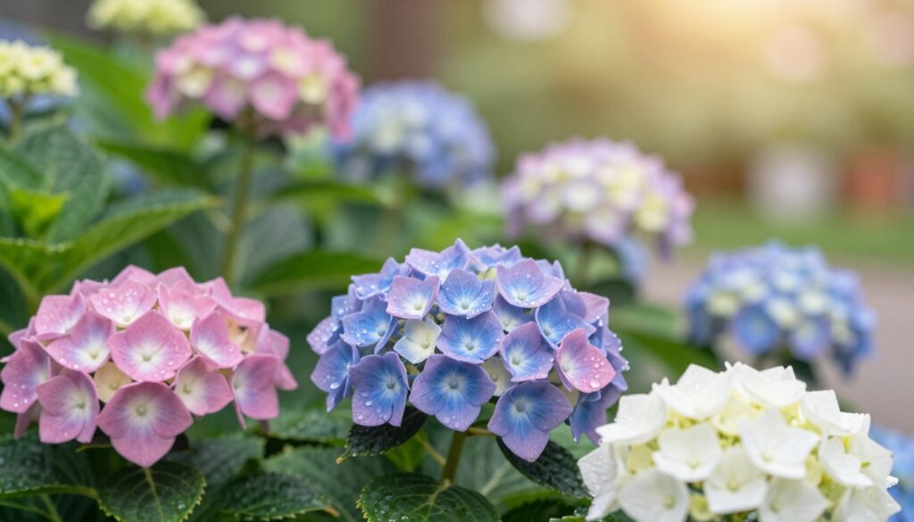 A close-up view of vibrant hydrangea flower clusters, showcasing an array of colors including soft pinks, deep blues, and pure whites. In the foreground, the intricate petals glisten with morning dew, highlighting their delicate texture. The middle ground features lush green leaves, providing a lush backdrop that enhances the vibrancy of the flowers. The background depicts a soft-focus garden setting bathed in gentle, diffused sunlight, creating a warm and serene atmosphere. Capture the scene with a shallow depth of field to emphasize the beauty of the hydrangea blossoms, while a soft bokeh effect subtly enhances the overall mood. Aim for a tranquil, inviting ambiance that evokes the beauty of blooming hydrangeas in Poland.