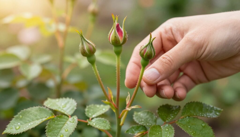 A close-up view of vibrant rose buds and their emerging shoots, highlighting the key features for identification. The foreground showcases fresh green leaves, some with dew, surrounding the budding roses. In the middle ground, a hand gently touches a sprouting stem, demonstrating a quick test for vitality. The background includes a softly blurred garden setting, with soft sunlight filtering through the leaves, creating a warm, inviting atmosphere. Capture the details of the stem's texture and the subtle color variations of the rose buds. Use warm, natural lighting to enhance the freshness of the scene, creating an uplifting mood that conveys hope and renewal in the garden.