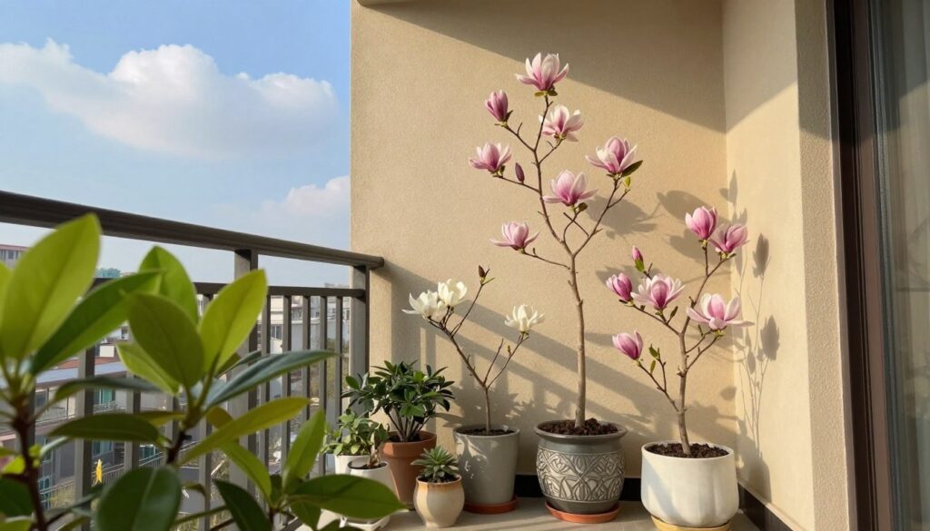 A cozy balcony setup against the wall of a contemporary building, showcasing a variety of compact magnolia plants in decorative containers. In the foreground, vibrant green leaves and delicate pink and white blossoms peek out of elegantly arranged pots. The middle ground features the sturdy building wall, which reflects warm sunlight, casting subtle shadows. Behind the balcony, a bright blue sky dotted with soft, fluffy clouds enhances the tranquil atmosphere. The lighting is bright and inviting, suggesting a peaceful afternoon. The overall mood is serene and nurturing, ideal for a secluded retreat in an urban environment, emphasizing a harmonious relationship between nature and architecture. A cozy balcony setup against the wall of a contemporary building, showcasing a variety of compact magnolia plants in decorative containers. In the foreground, vibrant green leaves and delicate pink and white blossoms peek out of elegantly arranged pots. The middle ground features the sturdy building wall, which reflects warm sunlight, casting subtle shadows. Behind the balcony, a bright blue sky dotted with soft, fluffy clouds enhances the tranquil atmosphere. The lighting is bright and inviting, suggesting a peaceful afternoon. The overall mood is serene and nurturing, ideal for a secluded retreat in an urban environment, emphasizing a harmonious relationship between nature and architecture.