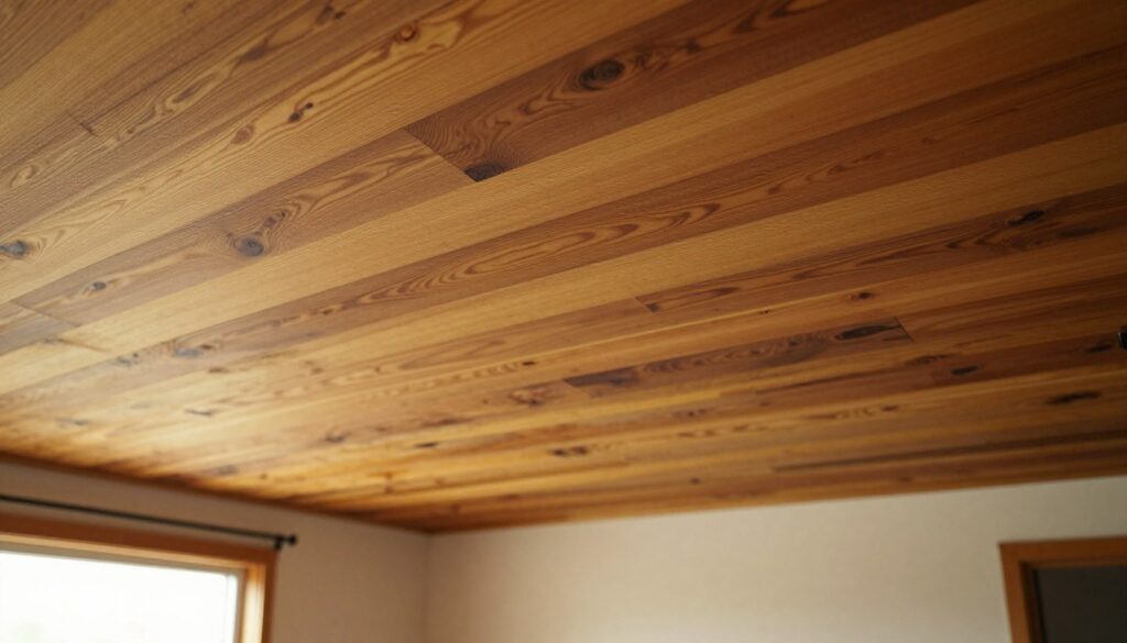 A cozy interior featuring a wooden ceiling made of elegantly arranged panels, planks, and slats that create a warm and inviting atmosphere. The foreground highlights intricate wood grain textures, showcasing a blend of rich browns and subtle gold tones that reflect soft, diffused natural light. The middle ground reveals a spacious room with minimalistic decor, allowing the wooden ceiling to be the focal point. In the background, soft shadows enhance the warmth of the wood, suggesting a feeling of comfort and tranquility. The lighting creates a gentle ambiance, hinting at a late afternoon glow, and emphasizing the tactile quality of the wood. The composition is viewed from a slightly upward angle, inviting the viewer to appreciate the craftsmanship while evoking a sense of relaxation and style. A cozy interior featuring a wooden ceiling made of elegantly arranged panels, planks, and slats that create a warm and inviting atmosphere. The foreground highlights intricate wood grain textures, showcasing a blend of rich browns and subtle gold tones that reflect soft, diffused natural light. The middle ground reveals a spacious room with minimalistic decor, allowing the wooden ceiling to be the focal point. In the background, soft shadows enhance the warmth of the wood, suggesting a feeling of comfort and tranquility. The lighting creates a gentle ambiance, hinting at a late afternoon glow, and emphasizing the tactile quality of the wood. The composition is viewed from a slightly upward angle, inviting the viewer to appreciate the craftsmanship while evoking a sense of relaxation and style.