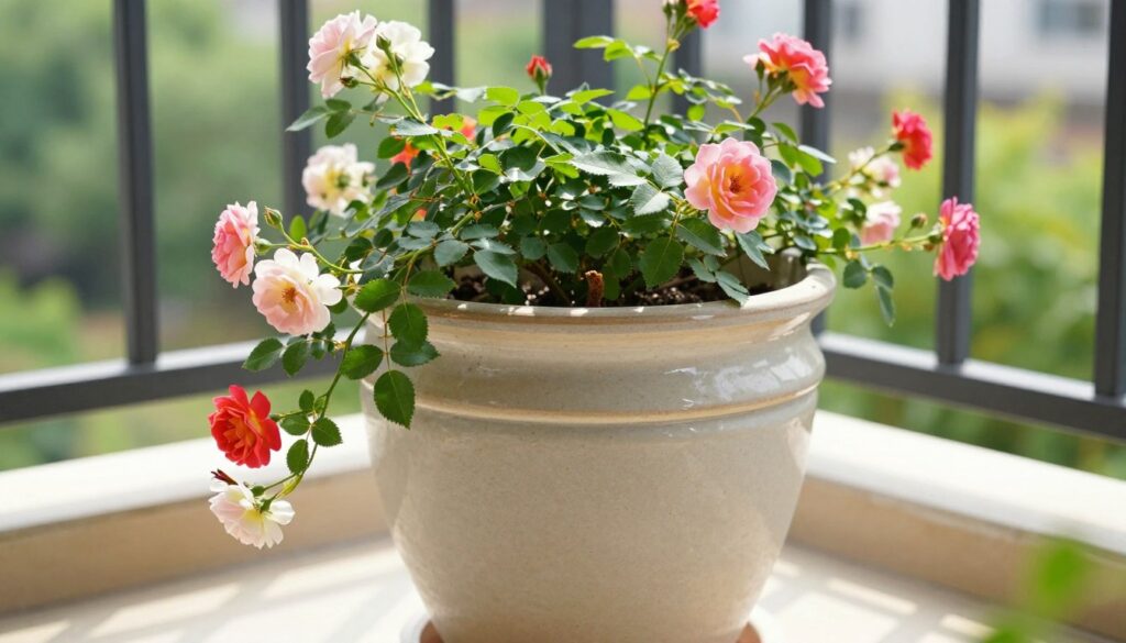 A detailed close-up view of a beautifully crafted ceramic plant pot, emphasizing its diameter as the central theme. The pot is filled with vibrant climbing rose plants, showcasing their lush green leaves and colorful blooms cascading over the edges. The pot's diameter is prominently displayed, drawing attention to its size in relation to the plant's root system. The background features a sunny balcony with soft, natural lighting filtering through, creating a fresh and inviting atmosphere. The composition should be shot from a slightly elevated angle, capturing both the pot and its flourishing plants, with a blurred garden view in the distance for depth. The overall mood is serene and uplifting, highlighting the importance of choosing the right-sized pot for healthy plant growth. A detailed close-up view of a beautifully crafted ceramic plant pot, emphasizing its diameter as the central theme. The pot is filled with vibrant climbing rose plants, showcasing their lush green leaves and colorful blooms cascading over the edges. The pot's diameter is prominently displayed, drawing attention to its size in relation to the plant's root system. The background features a sunny balcony with soft, natural lighting filtering through, creating a fresh and inviting atmosphere. The composition should be shot from a slightly elevated angle, capturing both the pot and its flourishing plants, with a blurred garden view in the distance for depth. The overall mood is serene and uplifting, highlighting the importance of choosing the right-sized pot for healthy plant growth.