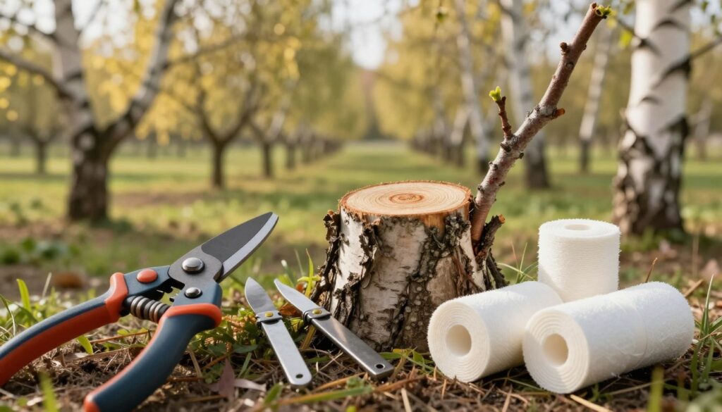 A detailed composition that captures a variety of wound care tools designed for tree pruning, specifically focused on birch trees. In the foreground, display a set of high-quality pruning shears, grafting knives, and bandages. The middle ground should feature a tree stump with freshly cut branches, showcasing smooth-cut surfaces that need protection. In the background, portray a serene orchard setting under soft, warm sunlight, with birch trees gently swaying. Use a shallow depth of field to emphasize the tools while softly blurring the background. The atmosphere should be calm and professional, reflecting a caring approach to tree maintenance. Aim for a clear and bright lighting, highlighting the tools and their purpose without any text or distractions. A detailed composition that captures a variety of wound care tools designed for tree pruning, specifically focused on birch trees. In the foreground, display a set of high-quality pruning shears, grafting knives, and bandages. The middle ground should feature a tree stump with freshly cut branches, showcasing smooth-cut surfaces that need protection. In the background, portray a serene orchard setting under soft, warm sunlight, with birch trees gently swaying. Use a shallow depth of field to emphasize the tools while softly blurring the background. The atmosphere should be calm and professional, reflecting a caring approach to tree maintenance. Aim for a clear and bright lighting, highlighting the tools and their purpose without any text or distractions.