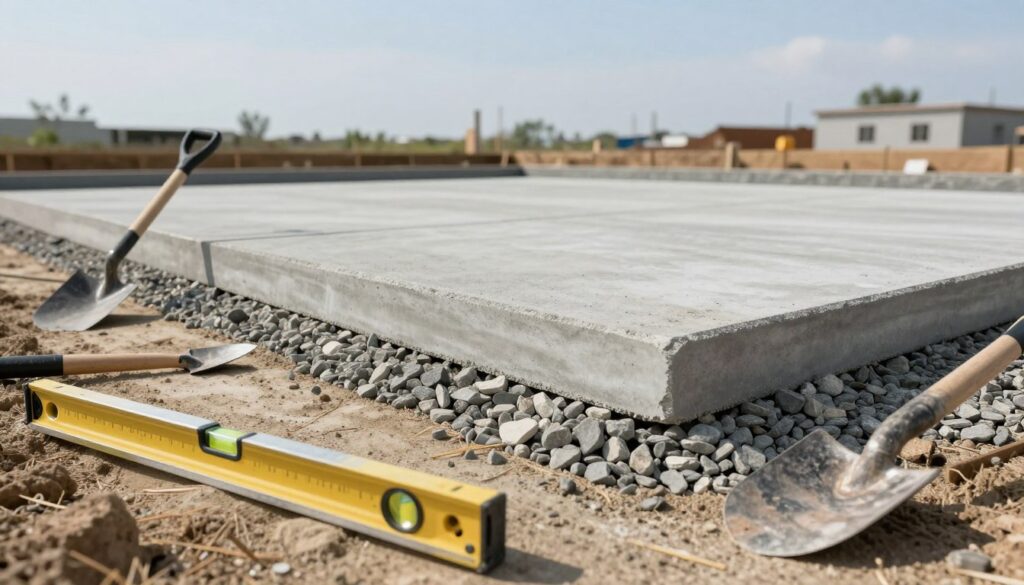 A detailed illustration of a concrete driveway foundation, showcasing layers of gravel and sand compacted properly beneath large concrete slabs. In the foreground, there are measuring tools and construction equipment, like a shovel and a level, indicating careful preparation. The middle ground features several large, sturdy concrete slabs ready to be laid, while the background includes a clear sky with soft daylight, enhancing the focus on the foundation work. The atmosphere is one of professionalism and precision, emphasizing the importance of a well-built substructure. Capture this scene with a slight low-angle perspective to provide depth and dimension, ensuring all elements are prominently displayed without any text or distractions.