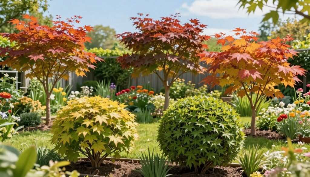 A detailed illustration of various types of common maples, particularly focusing on the 'Globosum' and 'Golden Globe' varieties, showcased in a vibrant garden setting. In the foreground, lush spherical topiary shapes of the maples are prominently featured, displaying their unique foliage textures and colors. The middle ground includes varying heights and forms of these maples, interspersed with healthy grass and floral elements, while the background presents a softly blurred garden fence and lush greenery under a bright blue sky. The scene is bathed in warm, natural sunlight, enhancing the vividness of the foliage. The mood is serene and inviting, capturing the essence of a well-maintained garden space, ideal for conveying the beauty and differences in pruning techniques. A detailed illustration of various types of common maples, particularly focusing on the 'Globosum' and 'Golden Globe' varieties, showcased in a vibrant garden setting. In the foreground, lush spherical topiary shapes of the maples are prominently featured, displaying their unique foliage textures and colors. The middle ground includes varying heights and forms of these maples, interspersed with healthy grass and floral elements, while the background presents a softly blurred garden fence and lush greenery under a bright blue sky. The scene is bathed in warm, natural sunlight, enhancing the vividness of the foliage. The mood is serene and inviting, capturing the essence of a well-maintained garden space, ideal for conveying the beauty and differences in pruning techniques.