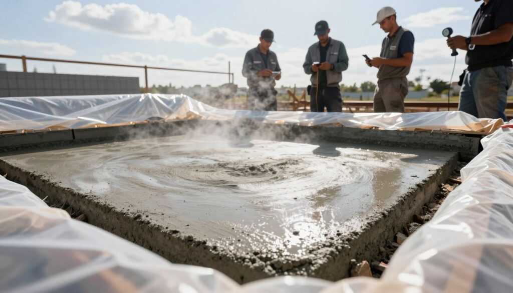 A detailed scene illustrating the process of curing concrete, prominently featuring a freshly poured concrete slab in the foreground, with moisture visibly escaping in a mist. Surrounding the slab, a protective plastic covering is partially pulled back, revealing the surface texture of the concrete. In the middle ground, workers in professional attire are carefully monitoring the curing conditions, checking temperature and humidity with instruments. The background shows a clear sky and a few clouds, emphasizing a sunny day, contributing to the idea of optimal curing. Soft natural lighting creates slight shadows, highlighting the texture of the concrete. The atmosphere feels focused and professional, emphasizing meticulous preparation for eventual painting.