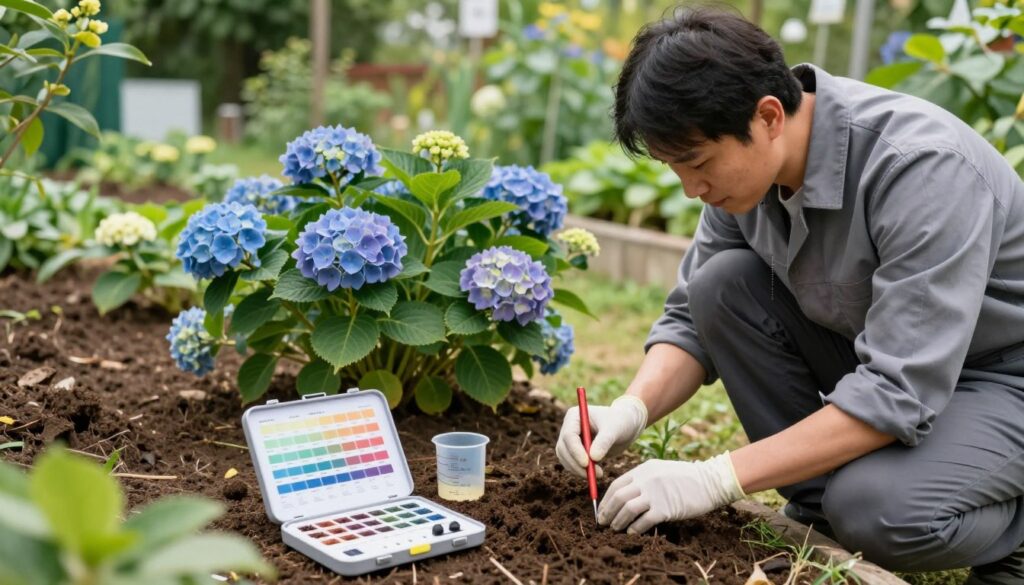 A detailed soil analysis scene depicting a professional horticulturist in a garden, kneeling beside a patch of earth. In the foreground, a soil test kit with pH color charts, a measuring cup, and a digital moisture meter are prominently displayed. The middle ground features vibrant hydrangea plants in various stages of bloom, illustrating the ideal environment for planting. In the background, a lush garden with healthy soil and rich greenery under soft, natural sunlight creates an inviting atmosphere. The scene is captured with a slight downward angle, highlighting the process of soil testing, embodying a mood of discovery and careful attention to gardening best practices. No text or overlays are present.