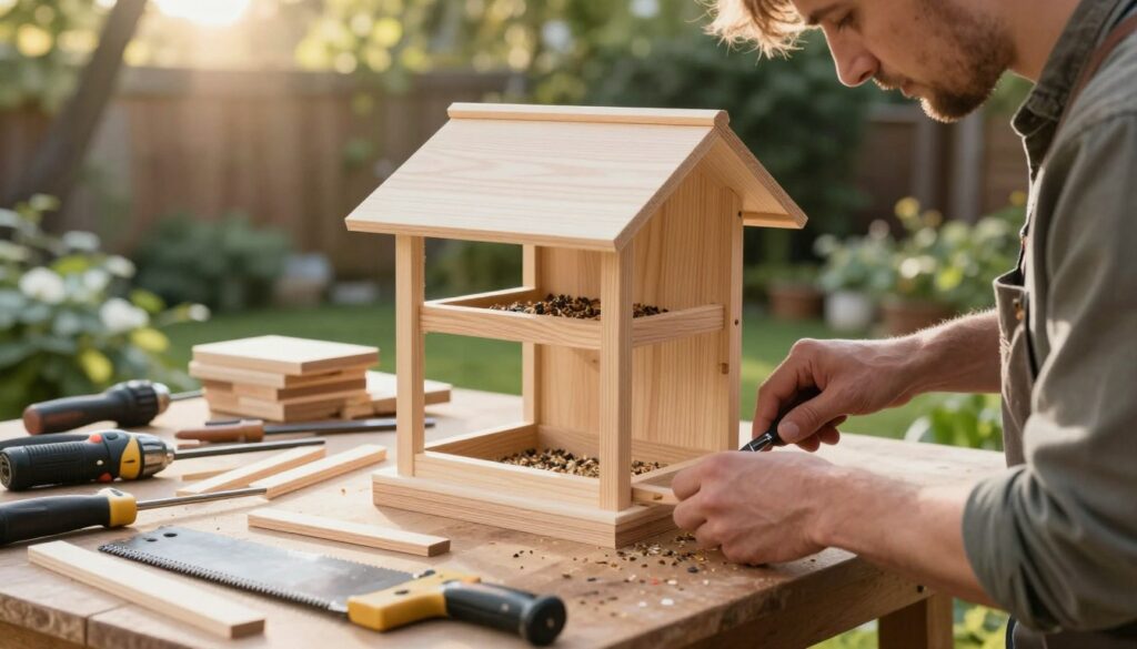 A detailed step-by-step assembly of a bird feeder, showcasing its construction process. In the foreground, a craftsman wearing modest casual clothing is carefully assembling wooden pieces with tools, emphasizing hands-on activity. The middle ground features a partially constructed bird feeder with visible compartments for seeds and perches, surrounded by various woodworking tools like a saw and drill. In the background, a serene garden setting with soft sunlight filtering through trees creates a warm and inviting atmosphere. The angle should capture depth, showing the bird feeder's structure clearly while maintaining focus on the craftsman's meticulous work. The mood is focused and inspirational, conveying a sense of achievement in creating a safe haven for birds.