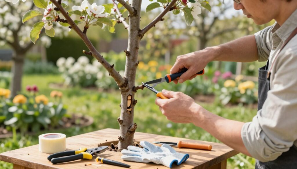 A detailed view of a well-organized garden scene showcasing the step-by-step grafting process of an apple tree. In the foreground, a knowledgeable gardener, wearing a modest casual outfit, carefully holds a grafting knife, examining a cutting from a healthy apple branch. The middle ground displays an apple tree with a freshly made grafting incision, demonstrating the techniques needed for successful grafting. Tools such as pruners, tape, and gloves are neatly arranged on a wooden table nearby. In the background, a sunny, lush garden with blooming flowers and other fruit trees creates a vibrant, serene atmosphere. Bright, natural lighting enhances the clarity of the scene, with a shallow depth of field focusing on the grafting process, evoking a sense of diligence and care in horticulture.