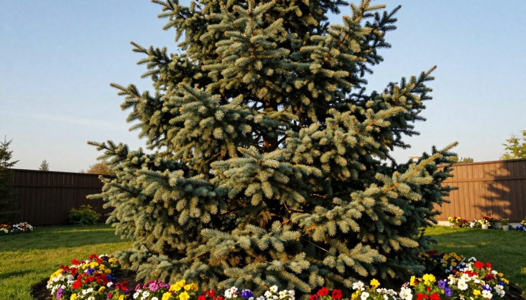 A flourishing Serbian spruce tree (Picea omorika) stands proudly in a well-tended garden, showcasing its lush, slender branches that reach towards the blue sky. In the foreground, there are vibrant flower beds filled with colorful blooms, adding a lively touch to the green foliage of the spruce. In the midground, the majestic spruce tree, approximately 10 feet tall, displays its characteristic conical shape and soft, needle-like leaves, reflecting the sunlight. The background features a gently sloping lawn and a wooden fence, subtly hinting at the size and space needed for growth. The scene is bathed in warm, late afternoon sunlight, creating a serene atmosphere ideal for gardening enthusiasts. The image is captured from a low angle, highlighting the tree's height and grandeur in a peaceful garden setting.