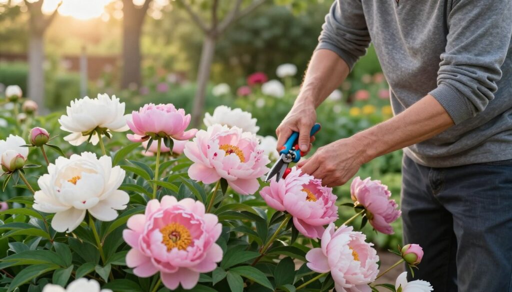 A garden scene showcasing a person in modest casual clothing carefully pruning peonies post-blooming. In the foreground, focus on the vibrant, fully bloomed peonies in shades of pink and white, while nearby, the gardener uses proper pruning shears, demonstrating the technique of trimming back spent blooms. The middle ground features lush green foliage and the remaining flower stems, indicating a well-maintained garden. In the background, soft sunlight filters through trees, creating a tranquil, warm atmosphere. The image captures the essence of a peaceful gardening day, with a focus on care and attention to ensure the peonies thrive and prepare for future blooms. The angle is slightly elevated to highlight both the gardener and the beautiful flowers without any distractions.