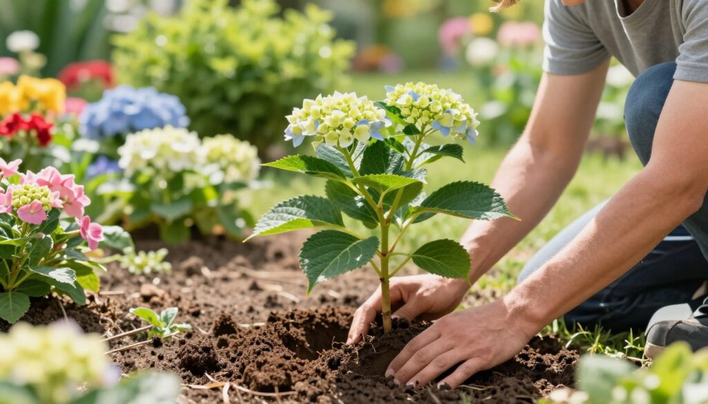 A gardener planting a hydrangea in a vibrant garden, kneeling on the ground with focused attention. The foreground showcases detailed hands digging a small hole, soil clumps scattered around. In the middle ground, a healthy hydrangea plant, either Polar Bear or Limelight, emerges, showcasing its lush green leaves and budding flowers. The background features a bright sunny day, with a blurred assortment of colorful flowers and green shrubbery enhancing the garden's tranquility. Soft sunlight filters through the leaves, casting gentle shadows. The mood is serene and nurturing, embodying the care involved in planting and gardening. The depth of field is shallow, emphasizing the gardener and the plant being tended to.