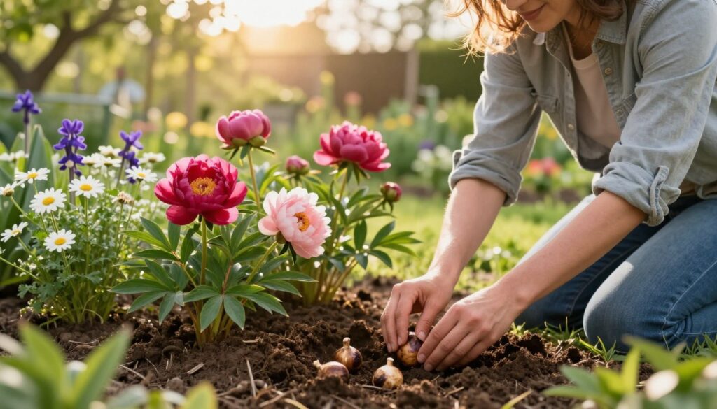 A hands-on gardener, dressed in modest casual clothing, is kneeling on a sunlit garden bed, gently planting vibrant peony bulbs amidst lush greenery. In the foreground, freshly dug soil reveals the rich texture, while the middle ground showcases clusters of companion plants, like delicate daisies and vibrant columbines, harmoniously arranged around the peonies. The background features a soft-focus view of a tranquil garden, bathed in warm, golden-hour sunlight filtering through the leaves of nearby trees. The atmosphere conveys a sense of hope and nurturing, evoking a peaceful spring day, ideal for planting. The scene is captured with a shallow depth of field, highlighting the gardener’s careful movements while keeping the surrounding plants in soft focus. A hands-on gardener, dressed in modest casual clothing, is kneeling on a sunlit garden bed, gently planting vibrant peony bulbs amidst lush greenery. In the foreground, freshly dug soil reveals the rich texture, while the middle ground showcases clusters of companion plants, like delicate daisies and vibrant columbines, harmoniously arranged around the peonies. The background features a soft-focus view of a tranquil garden, bathed in warm, golden-hour sunlight filtering through the leaves of nearby trees. The atmosphere conveys a sense of hope and nurturing, evoking a peaceful spring day, ideal for planting. The scene is captured with a shallow depth of field, highlighting the gardener’s careful movements while keeping the surrounding plants in soft focus.