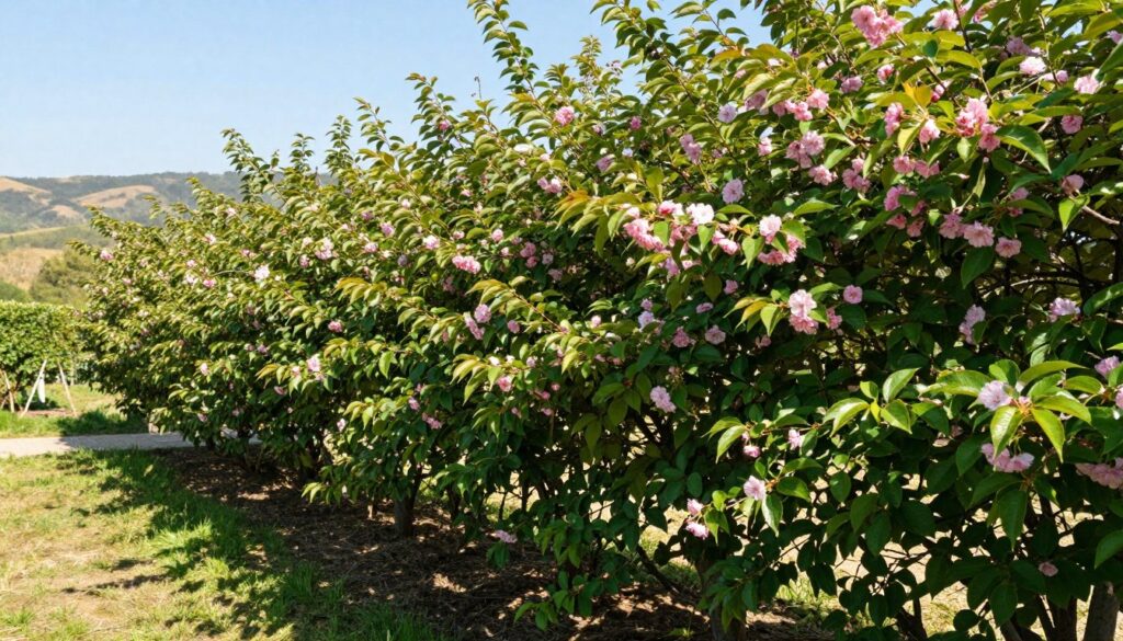 A lush cherry plum hedge, showcasing its growth stages, forms the foreground of the image. The hedge is dense and vibrant, adorned with green leaves and clusters of small, blossoming pink flowers. Transitioning into the middle ground, a sunny garden area reveals the hedge casting a soft, dappled shadow on the ground, illustrating its protective canopy. In the background, rolling hills under a clear blue sky add depth, with subtle hints of a serene landscape. The sunlight creates a warm and inviting atmosphere, accentuating the freshness of the foliage. Use a slightly angled perspective to emphasize the height of the hedge, enhancing the visual appeal while capturing the essence of rapid growth and shade provision. Ensure the scene is peaceful and tranquil, embodying a harmonious garden setting.
